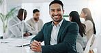 Portrait of businessman, smile in business office and confident project manager at engineering agency. Happy man, leader with pride and entrepreneur with positive mindset at renewable energy startup.