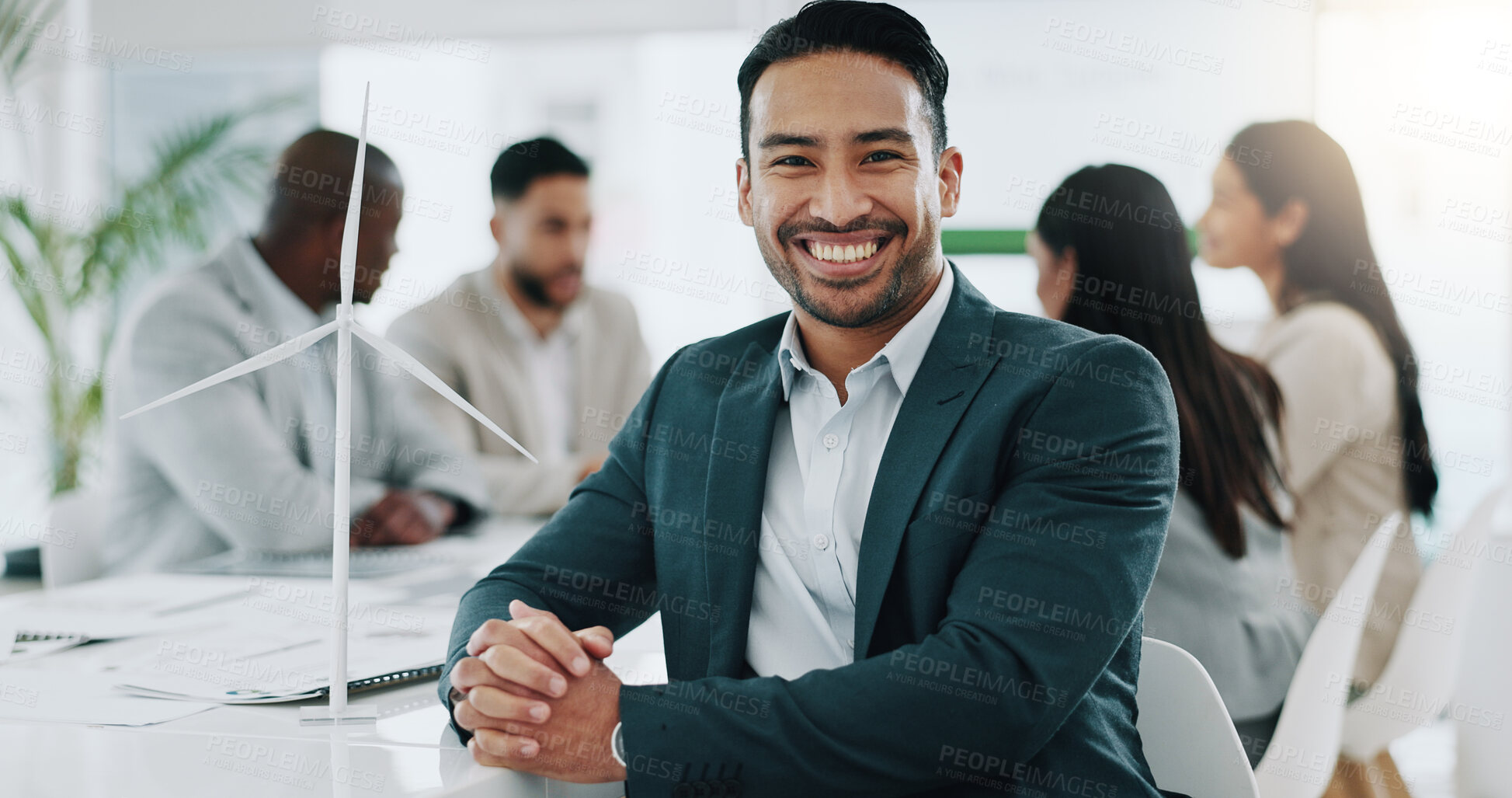 Buy stock photo Portrait of businessman, smile in business office and confident project manager at engineering agency. Happy man, leader with pride and entrepreneur with positive mindset at renewable energy startup.