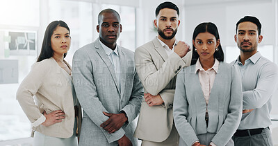 Face, business people and legal team in a workplace, management and leadership with confidence. Portrait, men and women in an office, lawyers and professionals with career, corporate and partnership