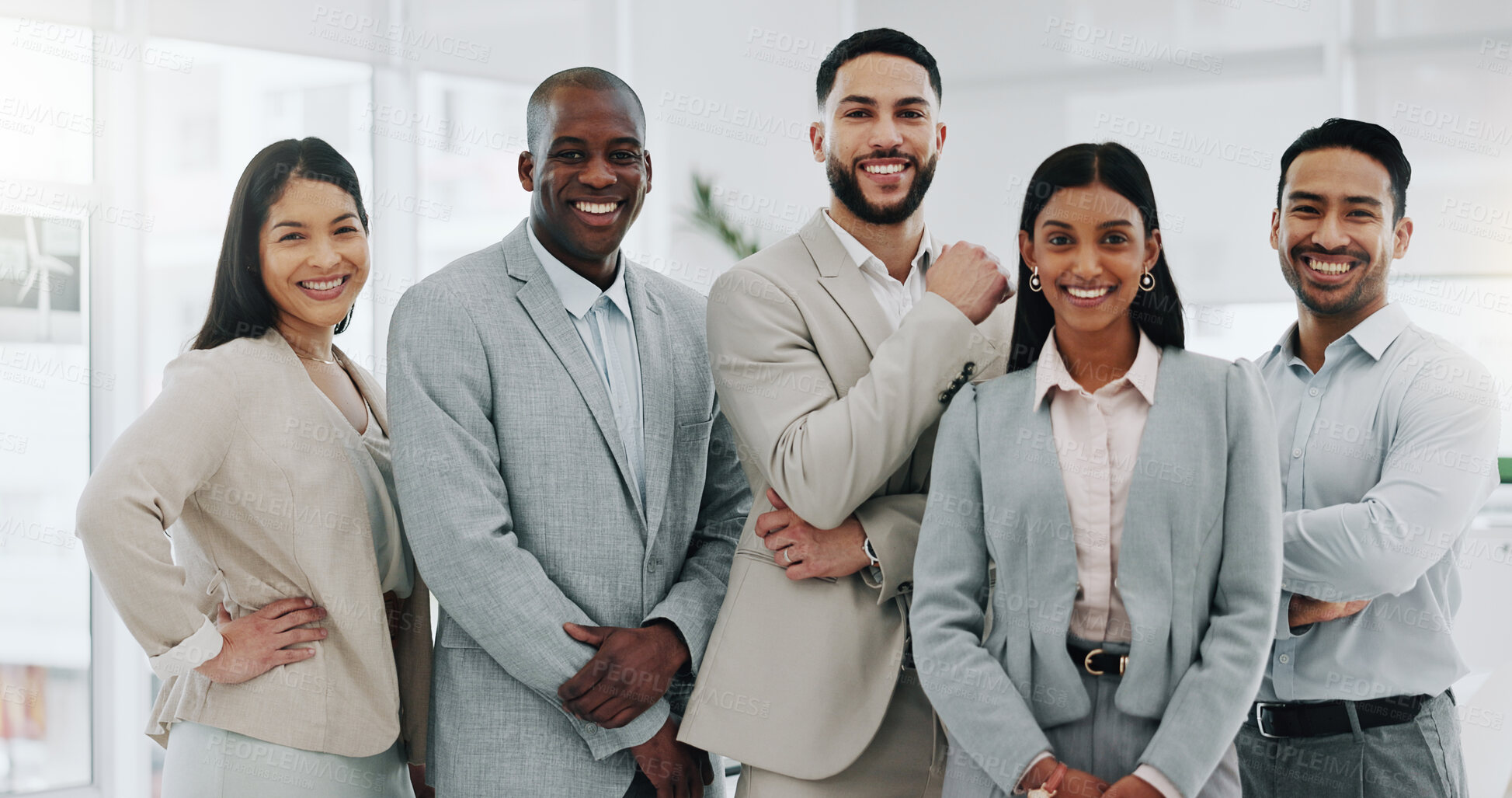 Buy stock photo Face, business people and legal team with career, leadership and employees with partnership. Portrait, men and women in a workplace, lawyers or mission with career, corporate or formal with happiness