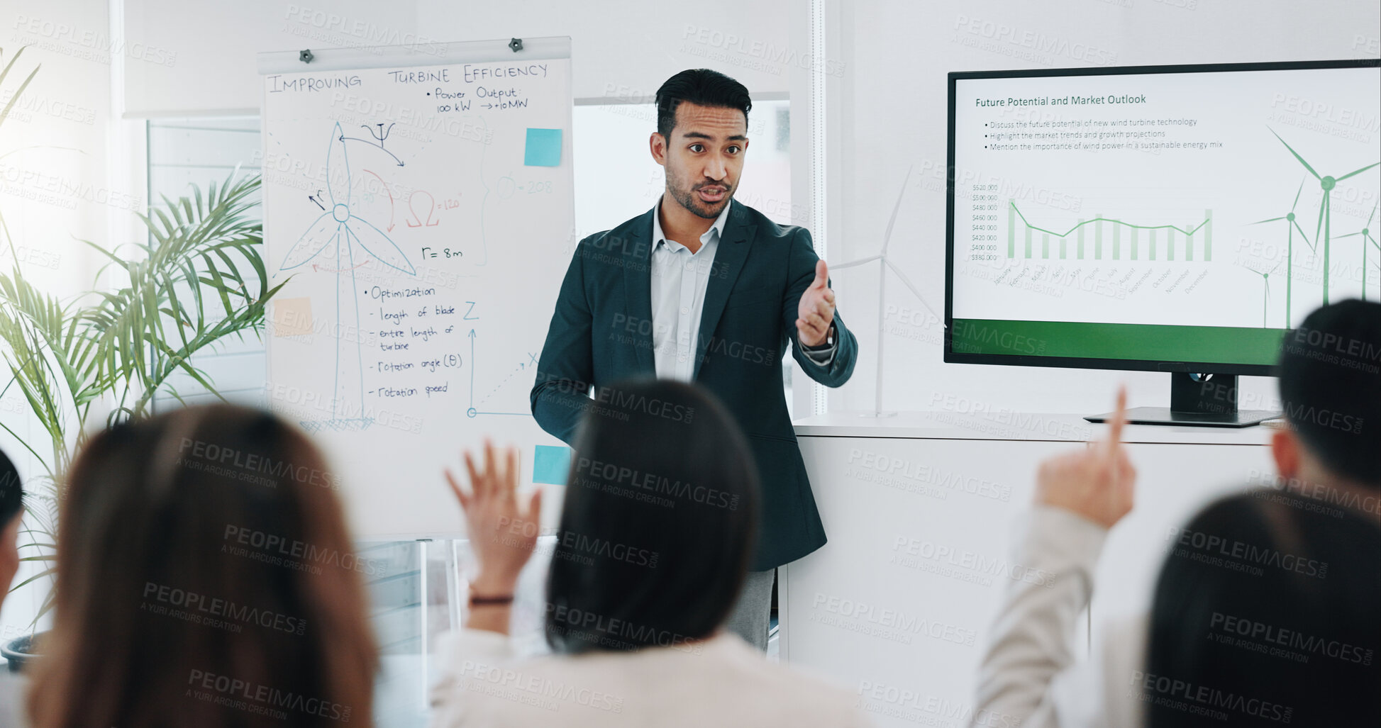 Buy stock photo Businessman, presentation and coaching with questions in meeting, conference or idea at office. Asian man or mentor talking to audience or business people with hand raised for interaction at workshop