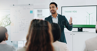 Presentation, man and a handshake in a meeting with business people for a welcome, thank you or deal. Workplace sustainability, Asian employee and greeting a group and shaking hands at a workshop