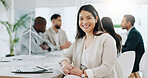 Portrait of woman, smile in office and confident project manager at engineering agency. Happy businesswoman boss, mechanical design business leader with pride and entrepreneur with positive mindset.