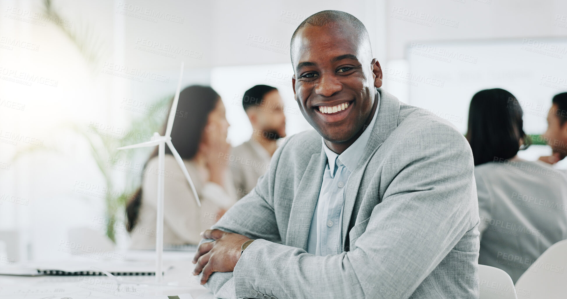 Buy stock photo Portrait of black man, smile in and boss at business office, confident project manager at engineering agency. Happy businessman leader with pride, entrepreneur and renewable energy startup in Africa.