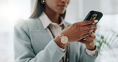 Business, smile or woman with cellphone, typing or connection with mobile app, contact or website info. Person, employee or consultant with smartphone, email notification for internet or professional