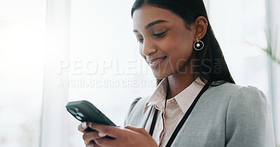 Business, contact or woman with cellphone, typing or connection with mobile app, social media or search internet. Person, employee and consultant with smartphone, email notification and website info