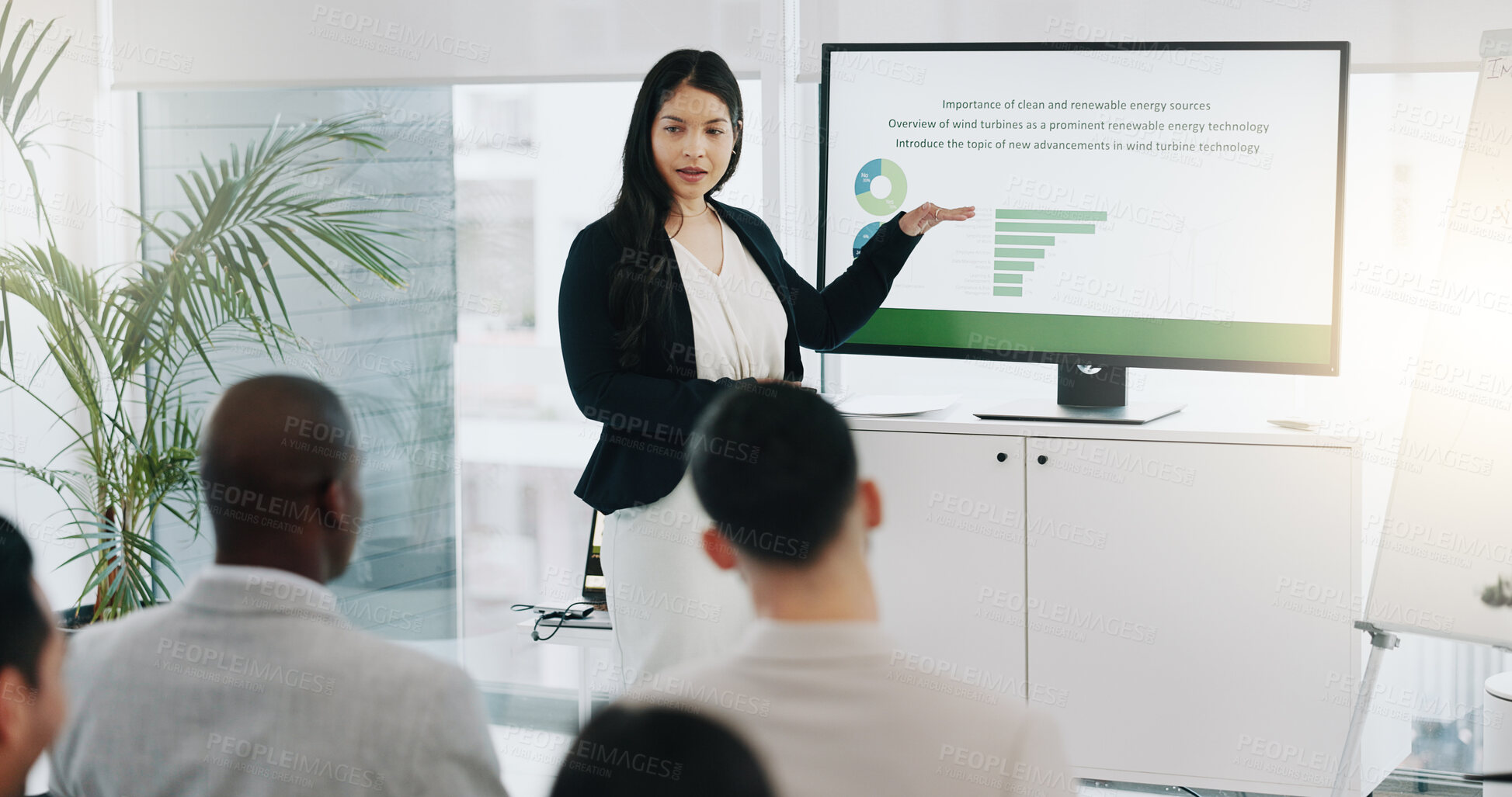 Buy stock photo Presentation, renewable energy and success with business people in meeting for planning, engineering and environment. Technology, research and windmill with employees applause in office for workshop