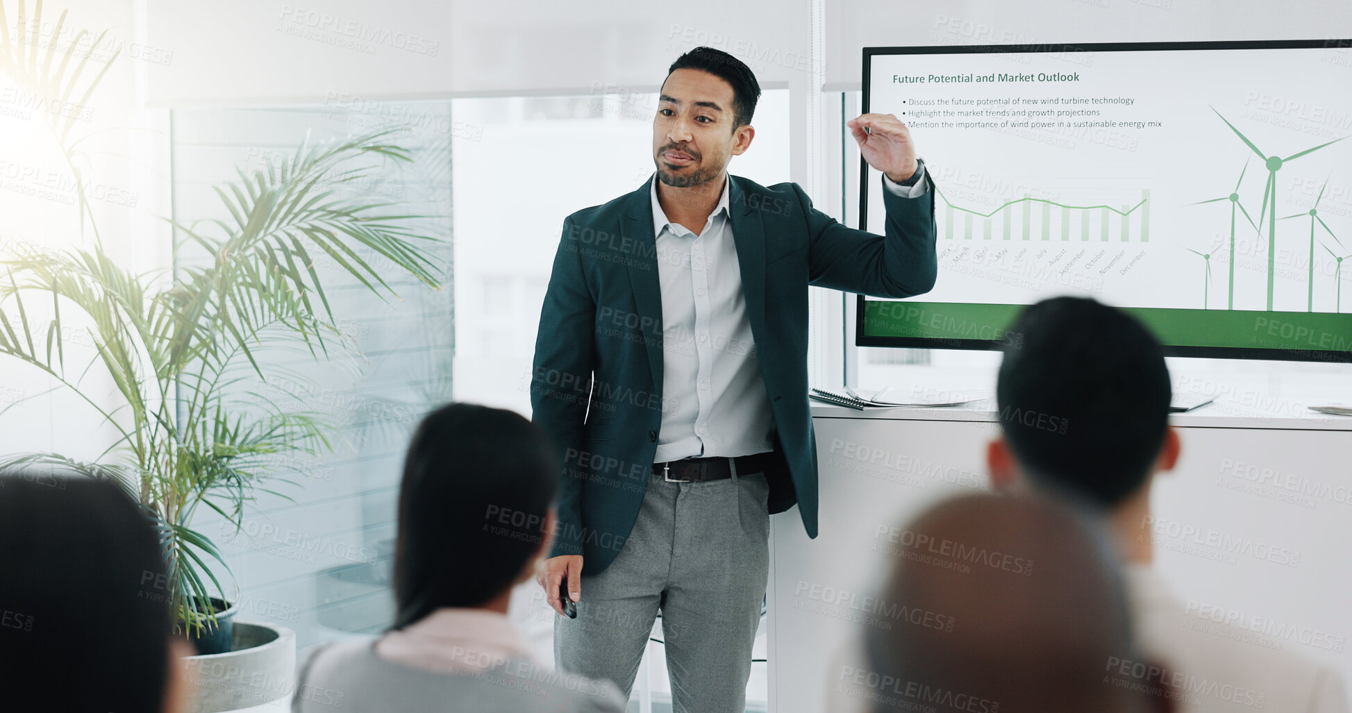 Buy stock photo Presentation, renewable energy and engineering with business people in meeting for planning, sustainability and environment. Technology, research and windmill with employees in office for workshop