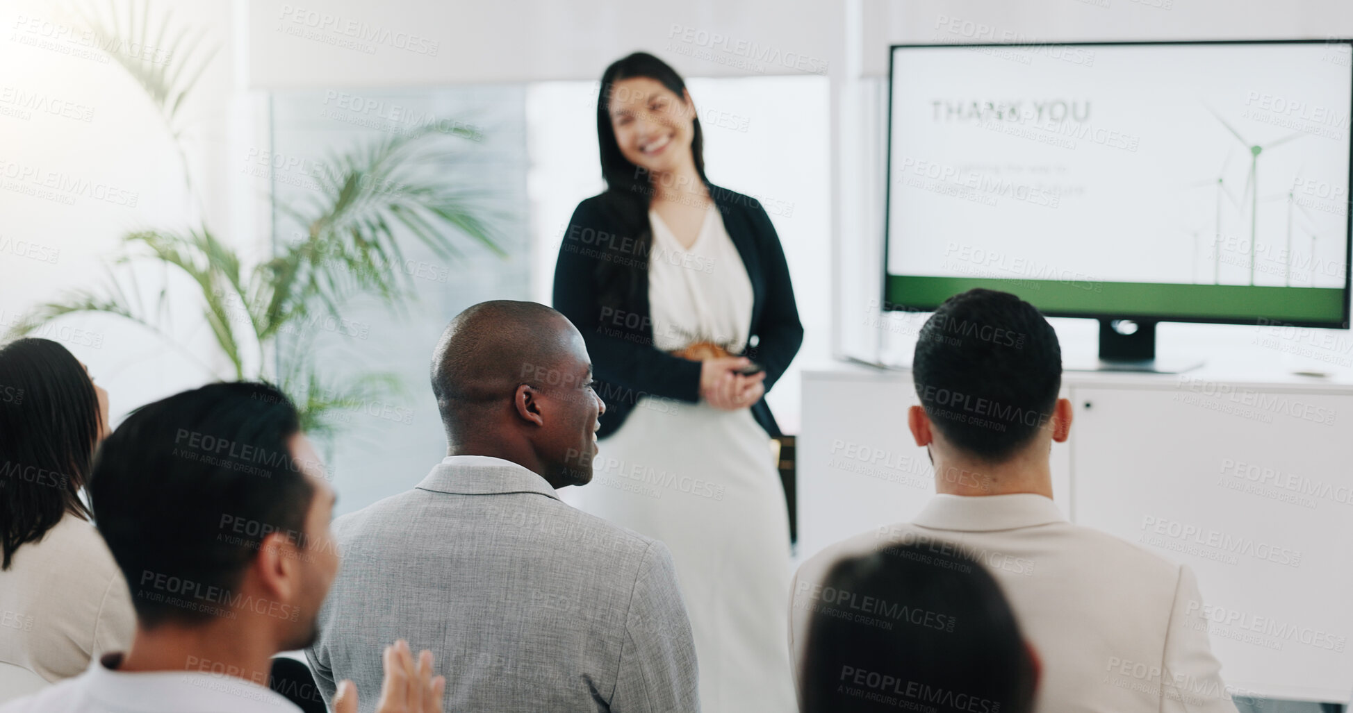 Buy stock photo Presentation, renewable energy and success with business people in meeting for planning, engineering and environment. Technology, research and windmill with employees applause in office for workshop