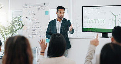 Businessman, presentation and coaching with questions in meeting, conference or idea at office. Asian man or mentor talking to audience or business people with hand raised for interaction at workshop