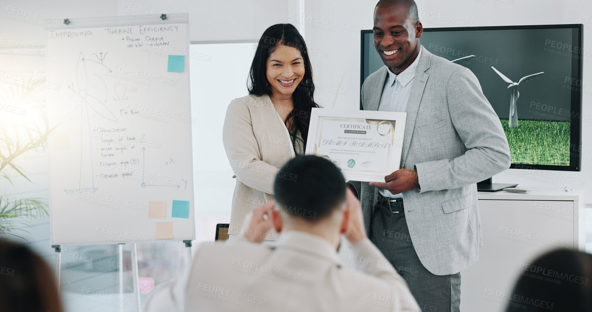 Buy stock photo Handshake, award and photographer with business people in office for winner, support or success. Certificate, thank you and achievement with employees in engineering firm for partnership or well done