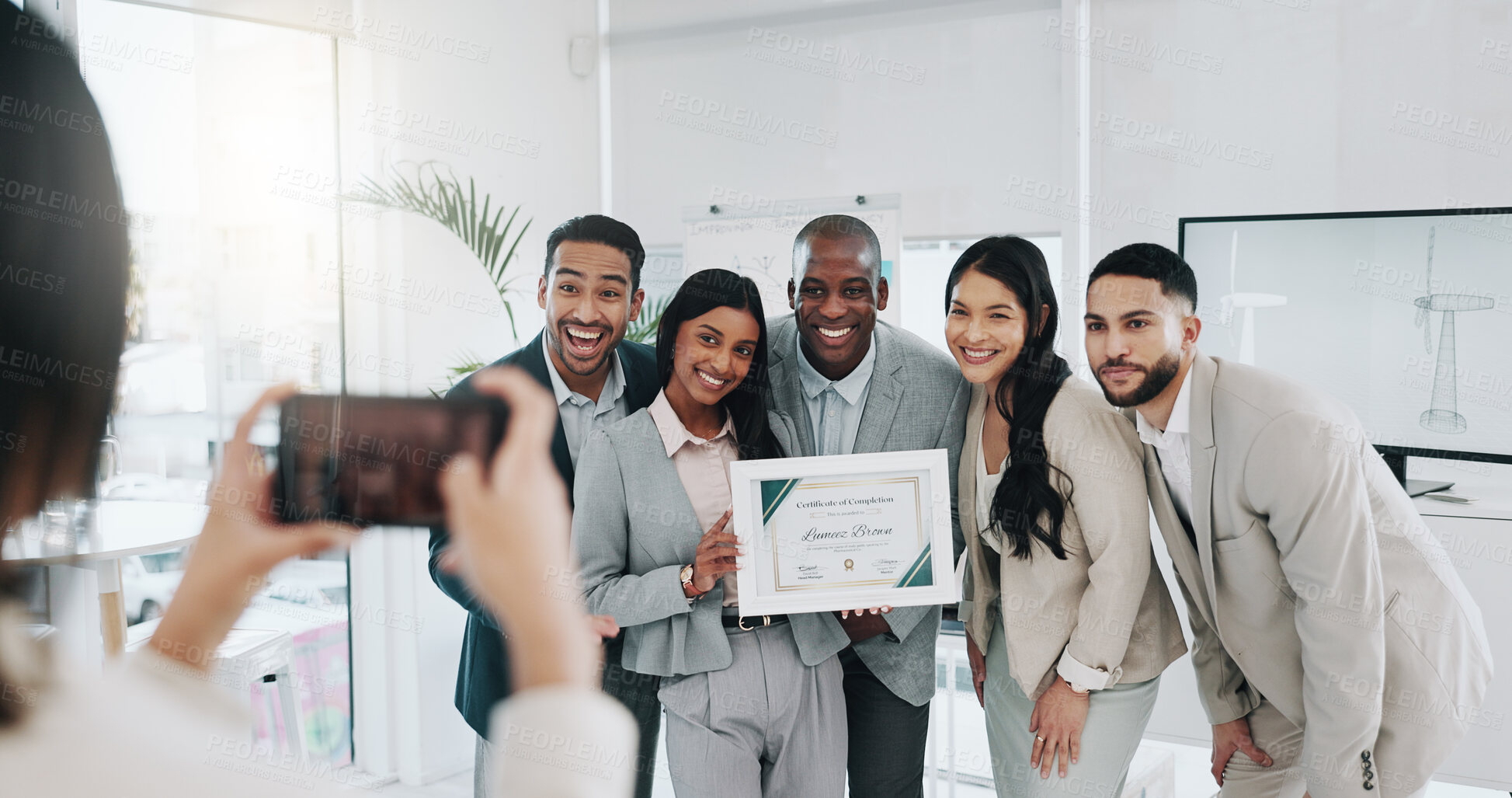 Buy stock photo Picture, award and teamwork with business people in office for winner, support or photographer. Certificate, thank you and achievement with employees in engineering firm for partnership or well done