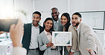 Picture, award and teamwork with business people in office for winner, support or photographer. Certificate, thank you and achievement with employees in engineering firm for partnership or well done