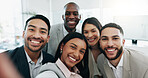 Selfie, happy and face of business people in the office for team building, fun or bonding. Smile, diversity and portrait of group of lawyers taking a picture together by a meeting in modern workplace