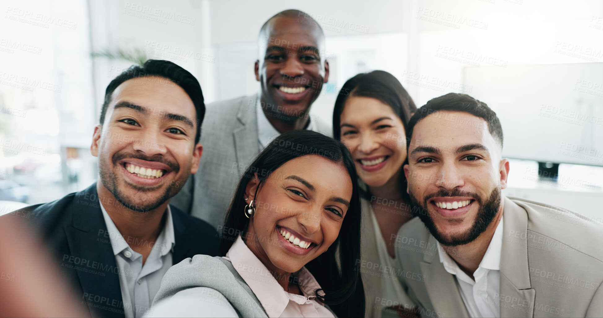 Buy stock photo Selfie, happy and face of business people in the office for team building, fun or bonding. Smile, diversity and portrait of group of lawyers taking a picture together by a meeting in modern workplace