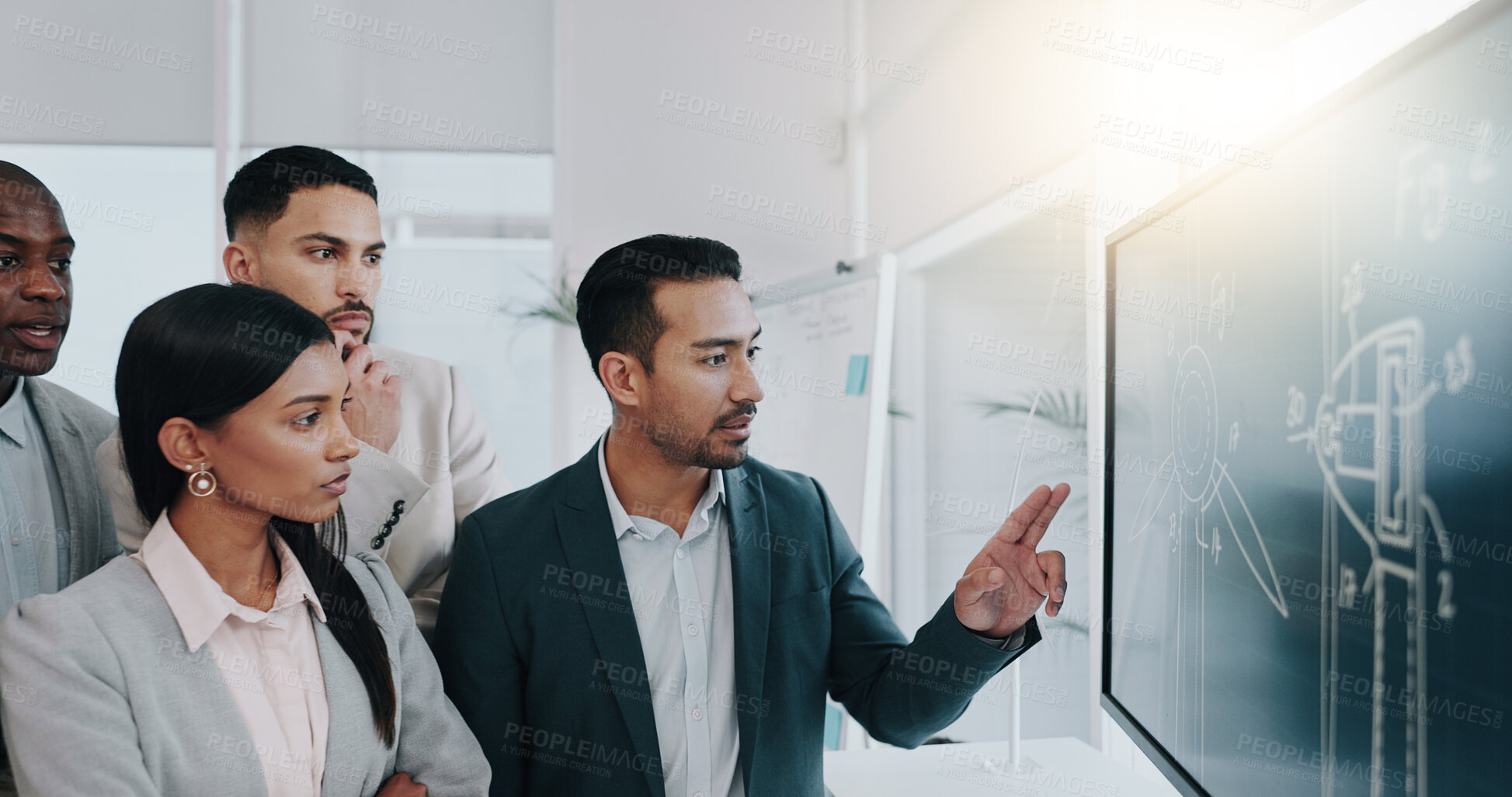 Buy stock photo Presentation, renewable energy and teamwork with business people in meeting for planning, engineering and environment. Technology, research and blueprint with employees in office for model workshop