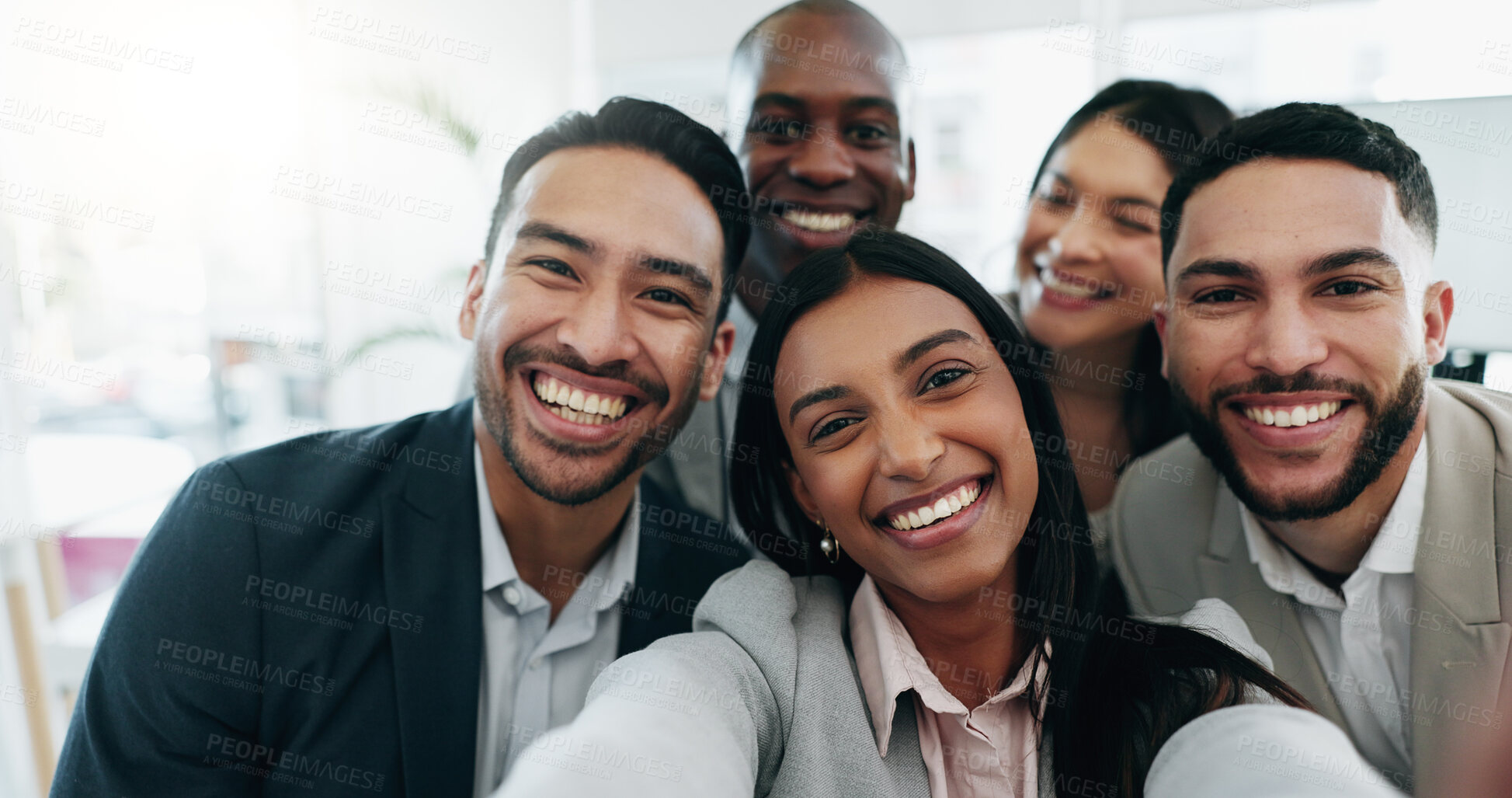 Buy stock photo Selfie, happy and face of business people in the office for team building, fun or bonding. Smile, diversity and portrait of group of lawyers taking a picture together by a meeting in modern workplace