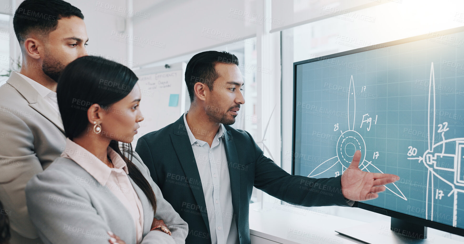 Buy stock photo Presentation, renewable energy and technology with business people in meeting for planning, engineering and environment. Sustainability, research and windmill with employees in office for workshop