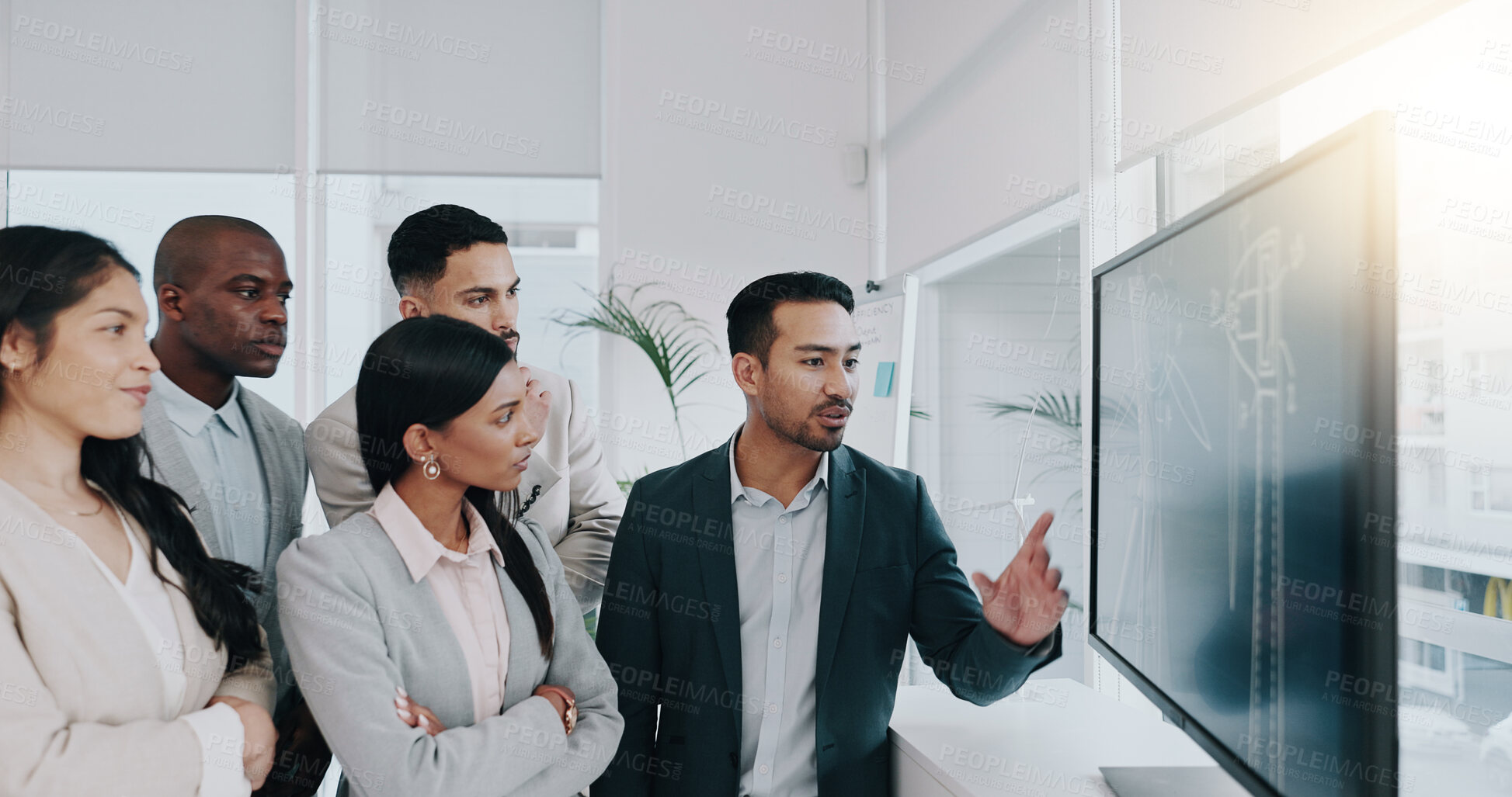 Buy stock photo Presentation, renewable energy and sustainability with business people in meeting for planning, engineering and environment. Technology, research and windmill with employees in office for workshop