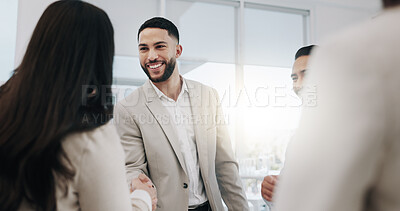 Happy businessman, handshake and meeting in teamwork, agreement or promotion at office. Business people shaking hands in greeting, introduction or partnership for b2b or deal together at workplace
