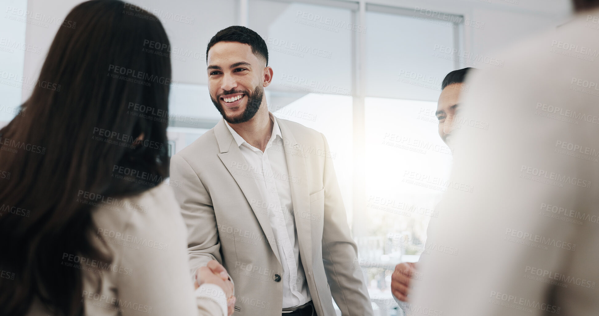 Buy stock photo Happy businessman, handshake and meeting in teamwork, agreement or promotion at office. Business people shaking hands in greeting, introduction or partnership for b2b or deal together at workplace