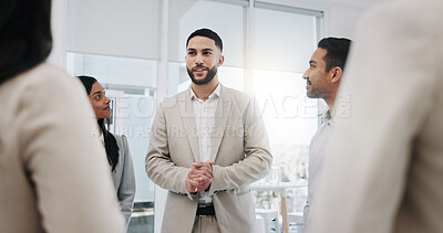 Happy businessman, discussion meeting in teamwork, agreement or promotion at office. Business people shaking hands in greeting, introduction or partnership for b2b or deal together at workplace