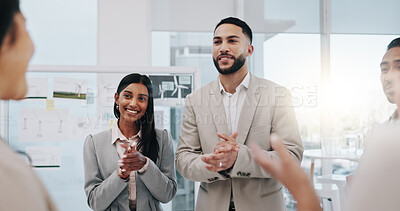 Happy businessman, handshake and applause in promotion, b2b or team agreement at office. Business people shaking hands and clapping in greeting, introduction or partnership for deal at workplace