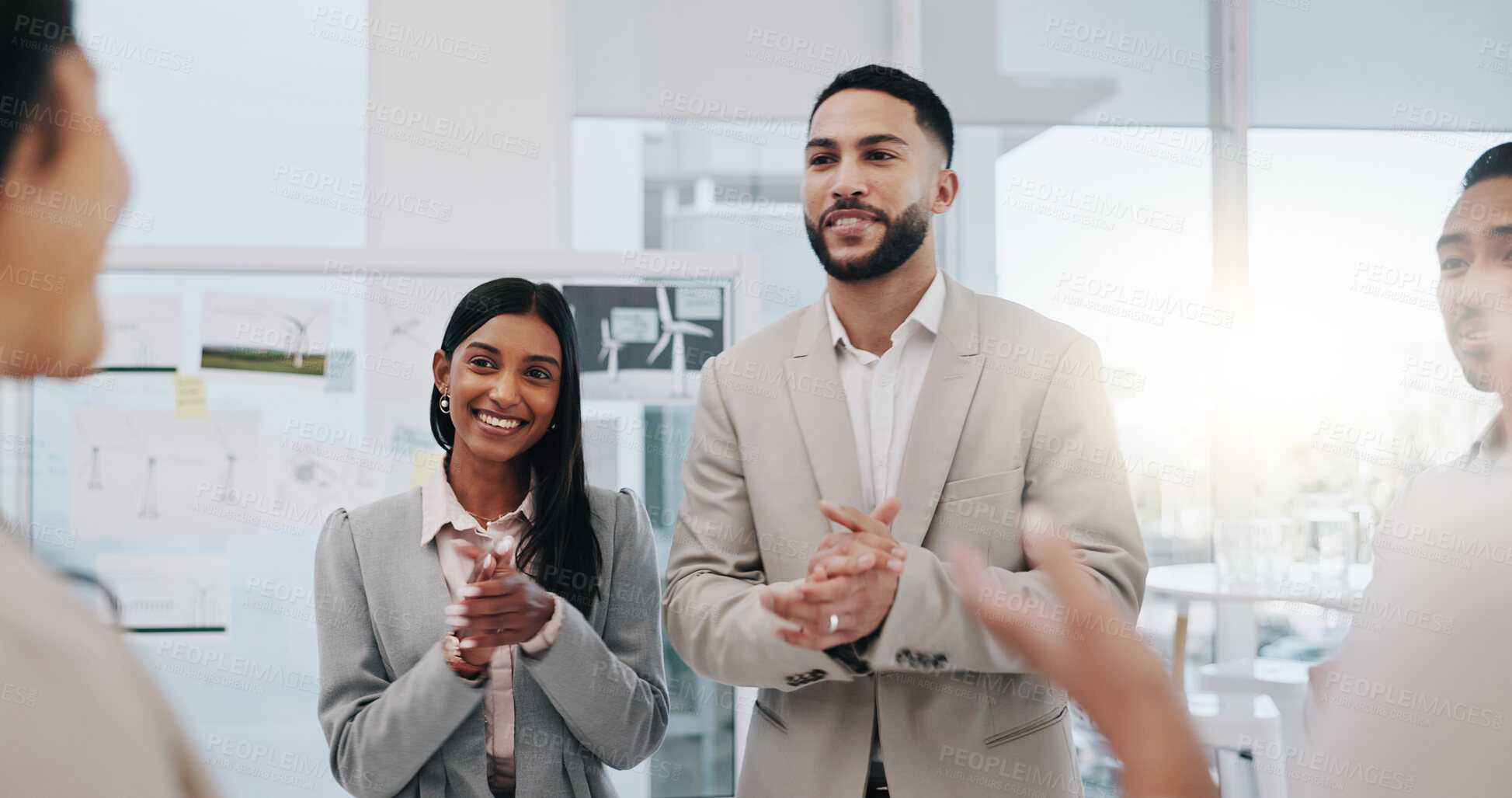 Buy stock photo Happy businessman, handshake and applause in promotion, b2b or team agreement at office. Business people shaking hands and clapping in greeting, introduction or partnership for deal at workplace