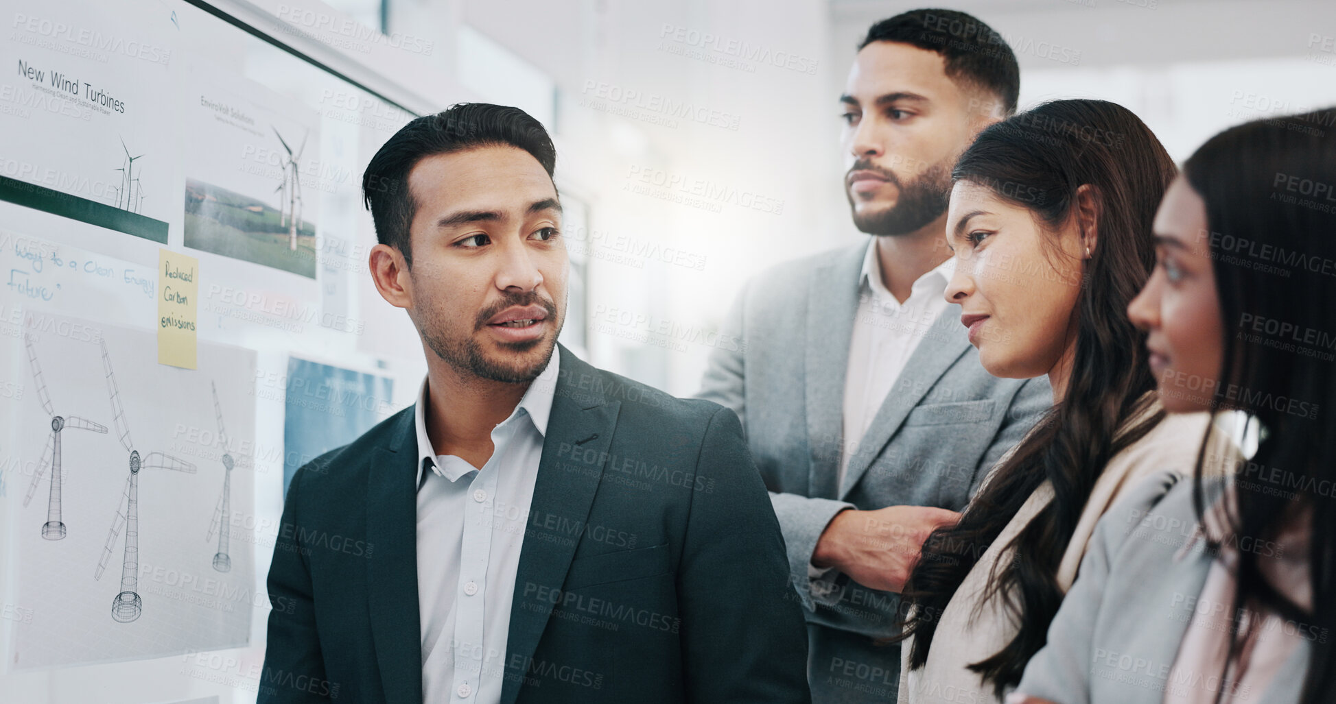 Buy stock photo Businessman, coaching and listening to team in meeting, schedule planning or brainstorming on glass board at office. Asian man and business people in staff training, project plan or task at workplace