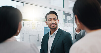 Businessman, coaching and listening to team in meeting, schedule planning or brainstorming on glass board at office. Asian man and business people in staff training, project plan or task at workplace