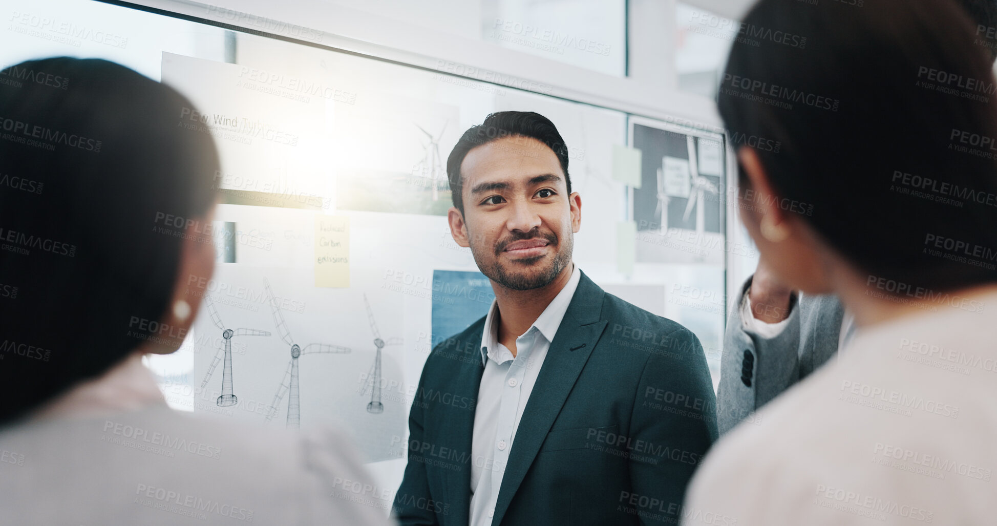 Buy stock photo Businessman, coaching and listening to team in meeting, schedule planning or brainstorming on glass board at office. Asian man and business people in staff training, project plan or task at workplace