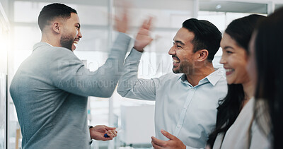 Businessman, high five and applause in team planning, brainstorming or motivation together at office. Business people clapping in celebration, meeting or teamwork collaboration for ideas at workplace