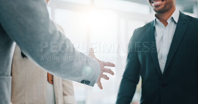 Business people, handshake and applause in meeting, thank you or promotion in teamwork at office. Group of employees shaking hands and clapping in team hiring, recruiting or greeting at workplace