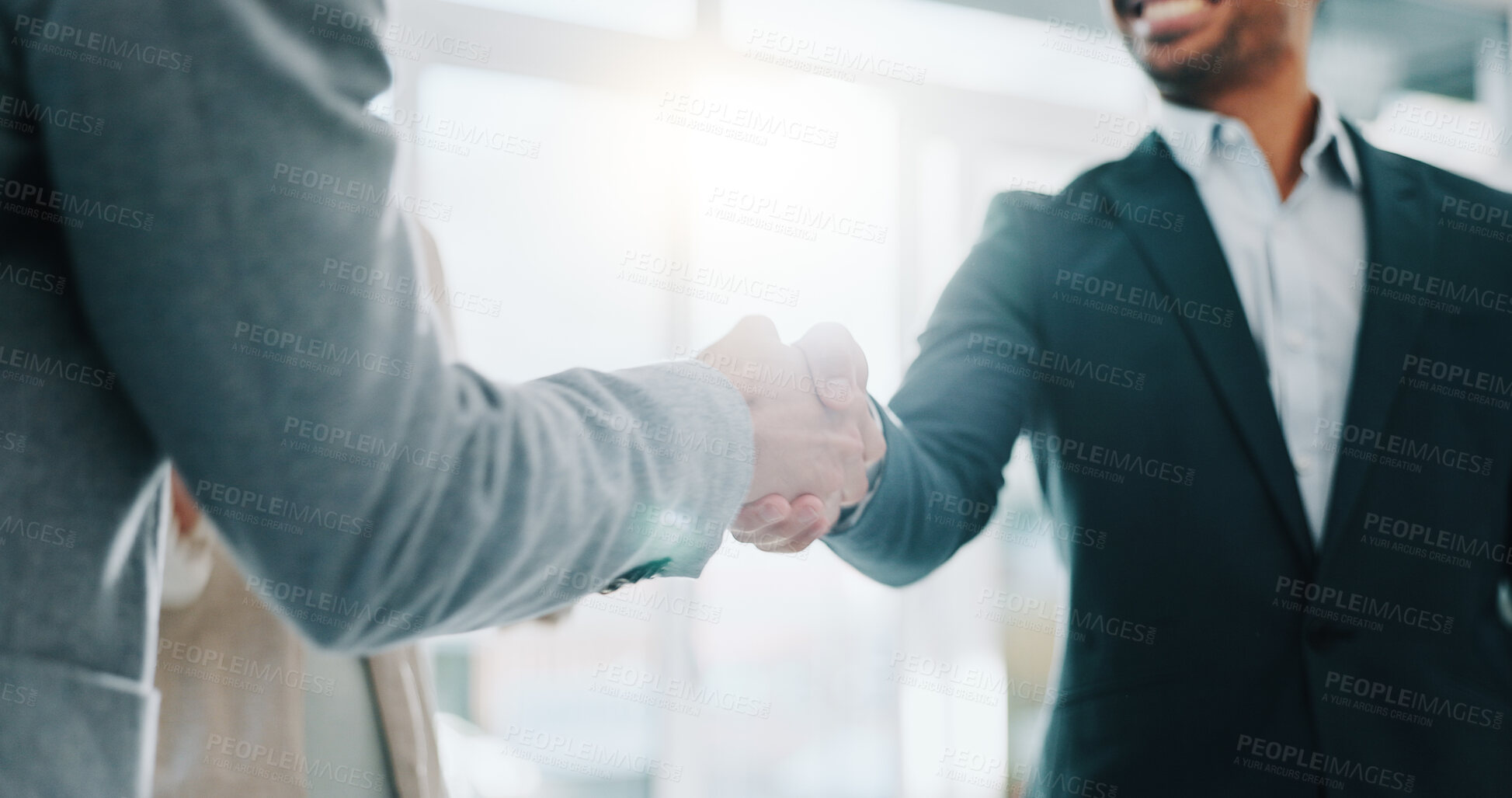 Buy stock photo Business people, handshake and applause in meeting, thank you or promotion in teamwork at office. Group of employees shaking hands and clapping in team hiring, recruiting or greeting at workplace