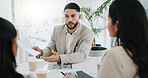 Business people, document and a team talking in meeting for corporate planning, report and collaboration. Man and women at a table in office for discussion, reading paperwork or strategy and proposal