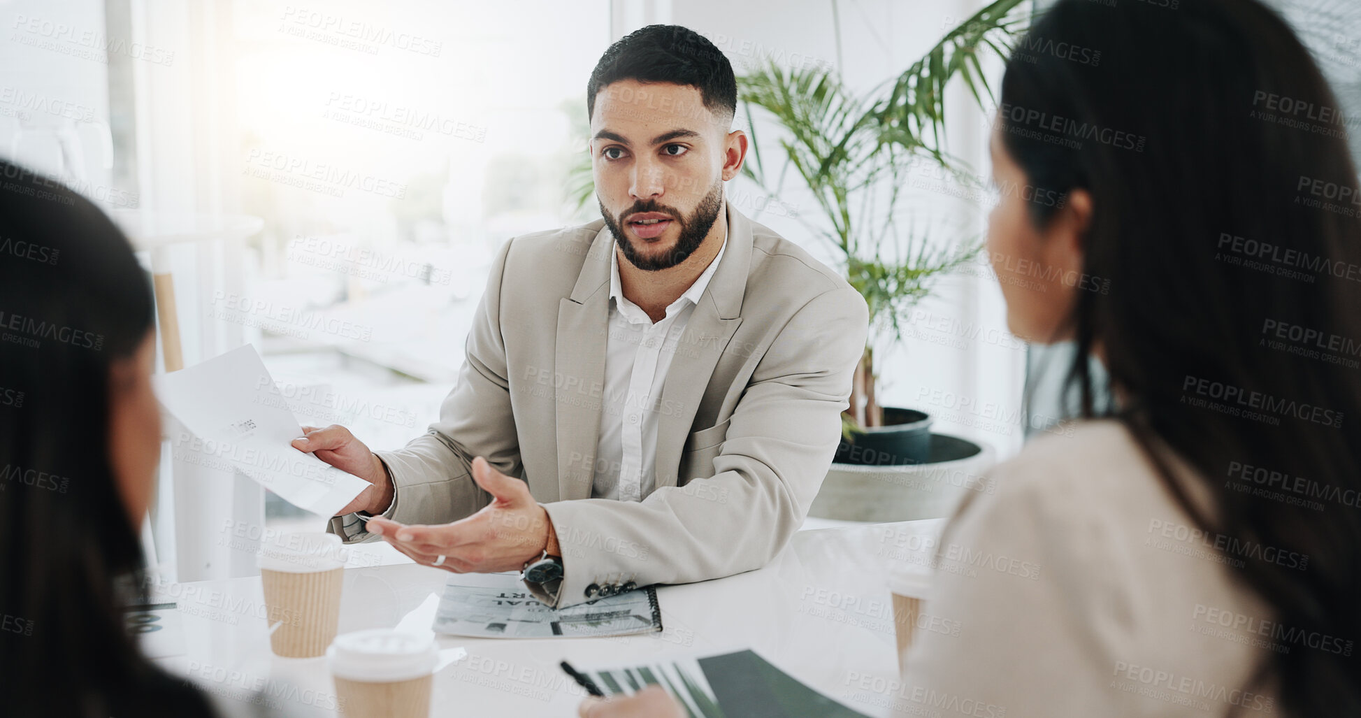 Buy stock photo Business people, document and a team talking in meeting for corporate planning, report and collaboration. Man and women at a table in office for discussion, reading paperwork or strategy and proposal