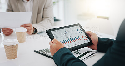Business people, tablet and hands in data analytics, meeting or graph and chart discussion at office. Technology, company statistics and marketing strategy or analysis in corporate management on desk