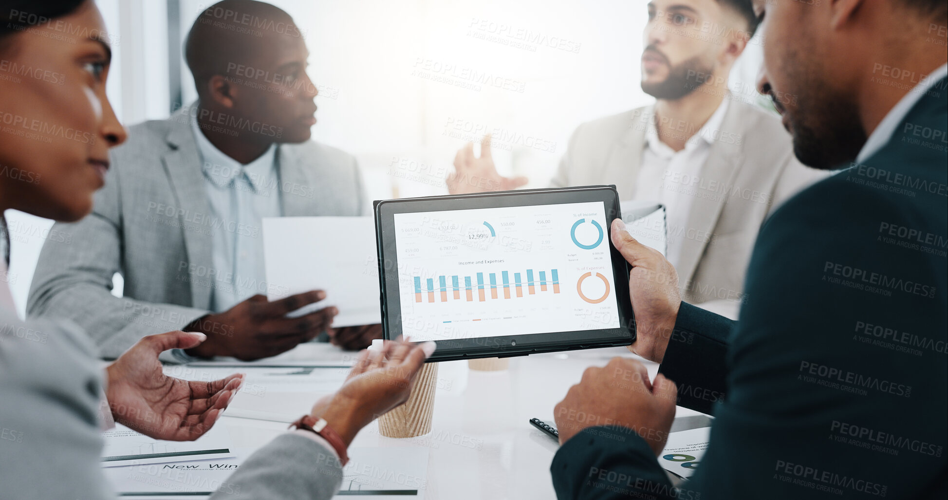 Buy stock photo Business people, tablet and meeting in data analytics, statistics or graph and chart discussion at office. Group in team planning on technology, marketing strategy or corporate analysis at workplace