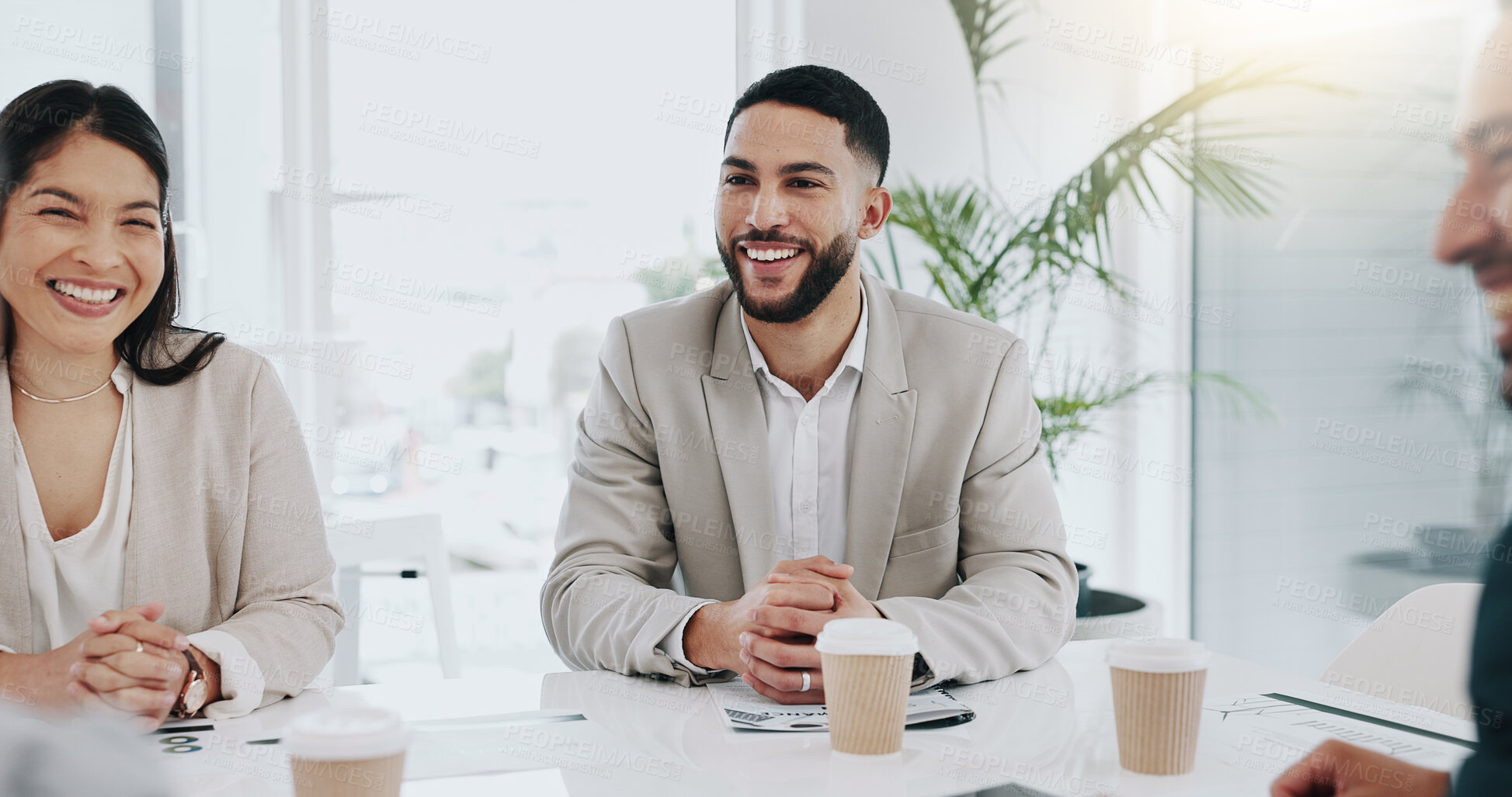 Buy stock photo Business people, happy and a team talking in meeting for corporate planning, ideas and collaboration. Men and women at a table in office for discussion, brainstorming or management communication