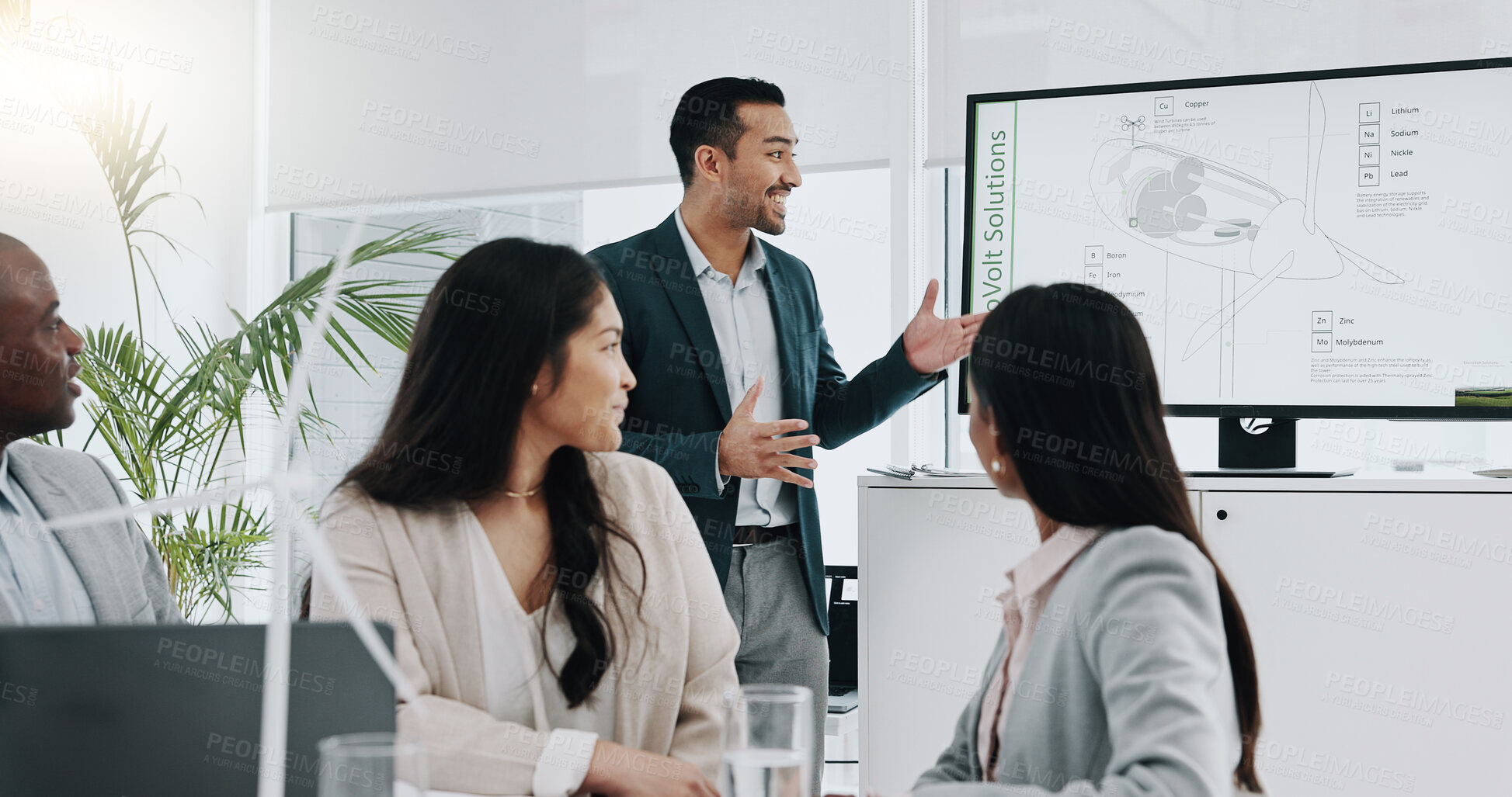 Buy stock photo Business man, windmill and screen with speech in office for innovation, energy or sustainable future. Engineering consultant, leader and team for brainstorming, wind power and electricity on monitor