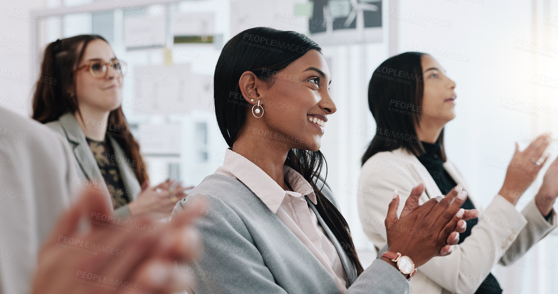 Buy stock photo Happy business people, applause and meeting in presentation, conference or team workshop at office. Group clapping in thank you for staff training, celebration or teamwork together at workplace