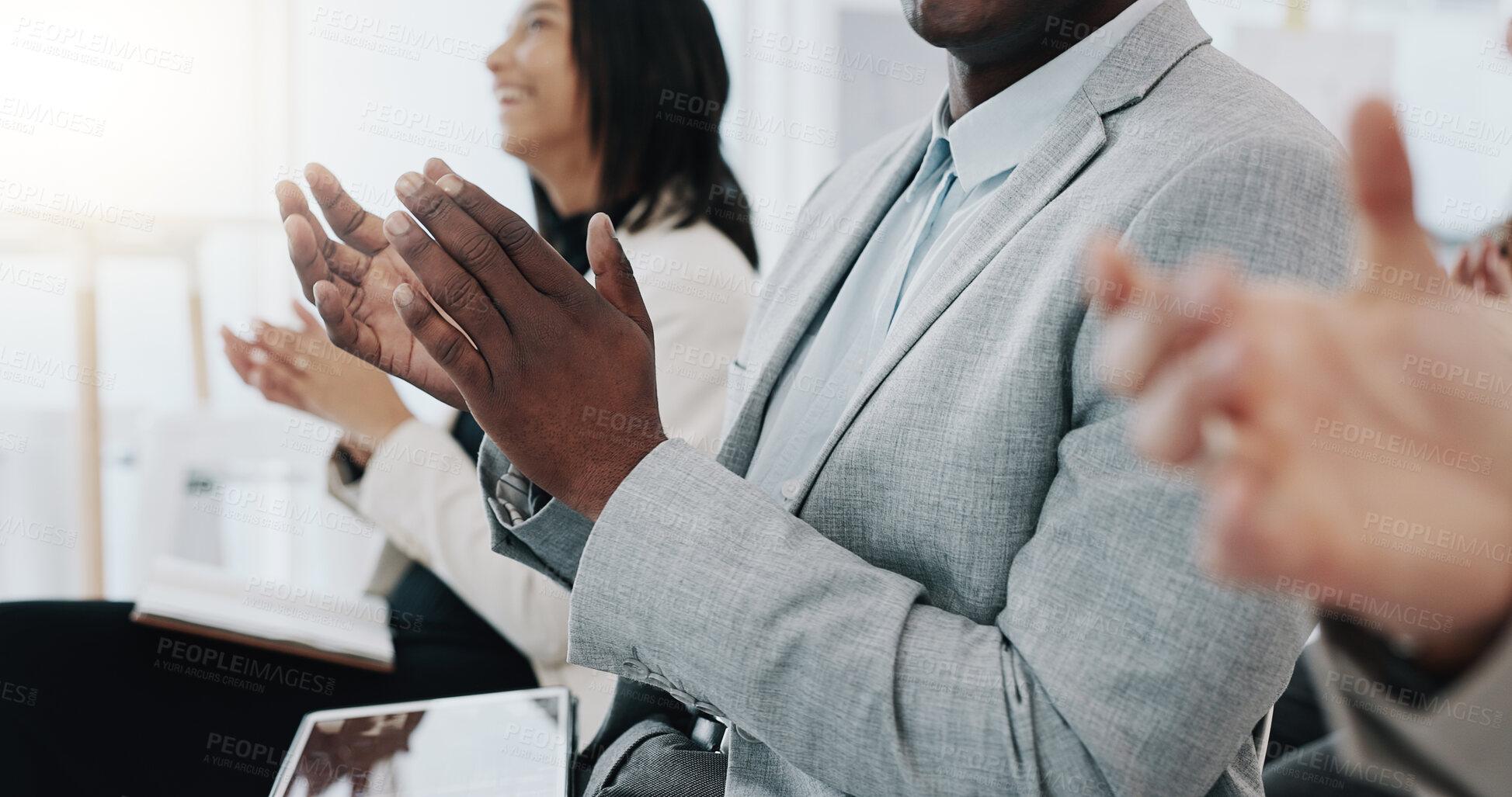 Buy stock photo Business people, hands and applause in meeting presentation, conference or team workshop at office. Group clapping in thank you for staff training, celebration or teamwork together at workplace