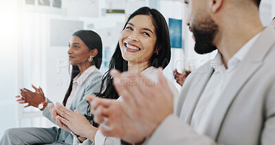 Happy business people, applause and meeting in presentation, conference or team workshop at office. Excited group clapping and smile in staff training, celebration or promotion together at workplace