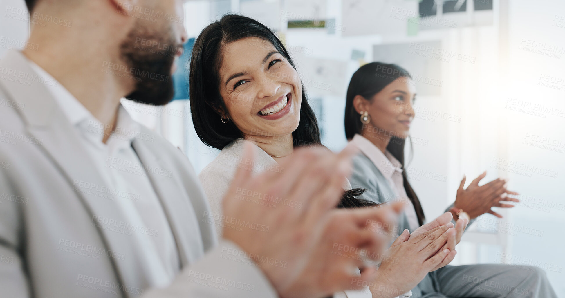 Buy stock photo Happy business people, applause and meeting in presentation, conference or team workshop at office. Excited group clapping and smile in staff training, celebration or promotion together at workplace