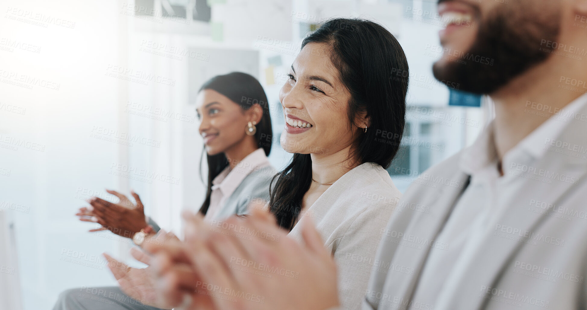 Buy stock photo Happy business people, applause and meeting in presentation, conference or team workshop at office. Excited group clapping and smile in staff training, celebration or promotion together at workplace