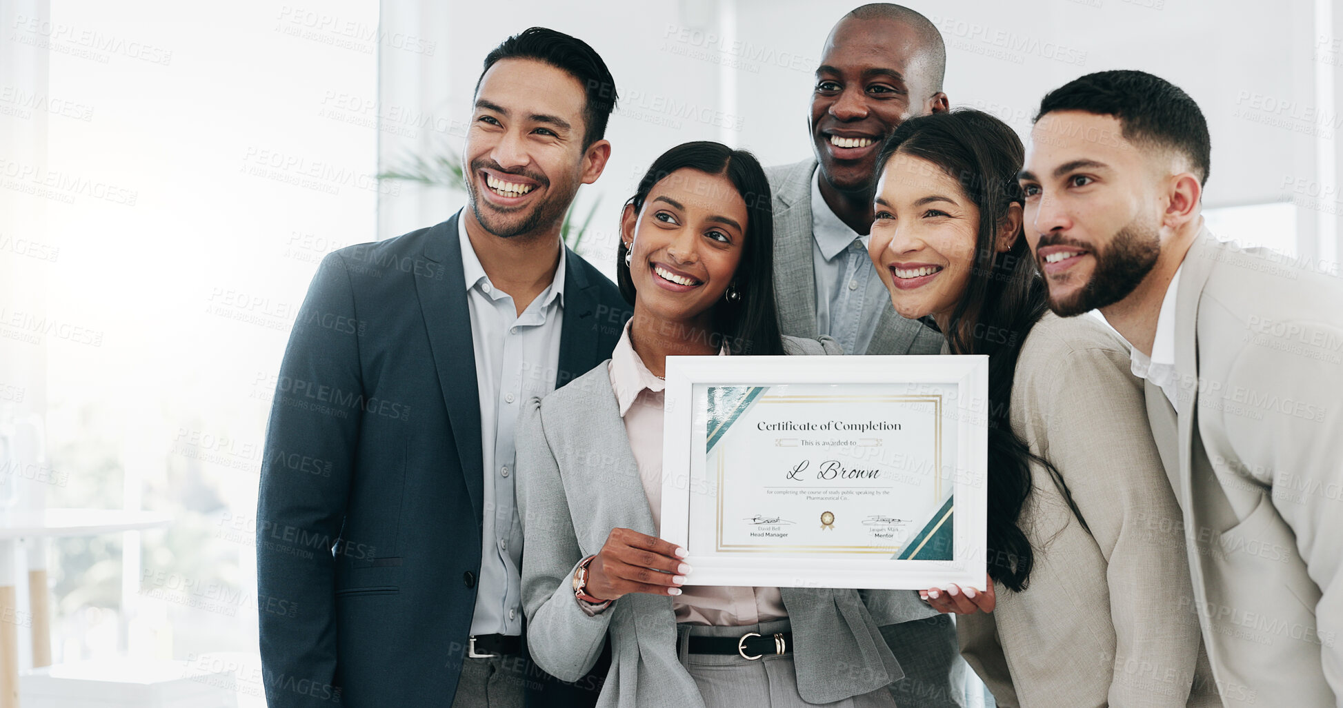 Buy stock photo Business people, woman and certificate in office, presentation or teamwork for performance, goal or success. African CEO, happy employee group and diploma for achievement, thanks or award at workshop