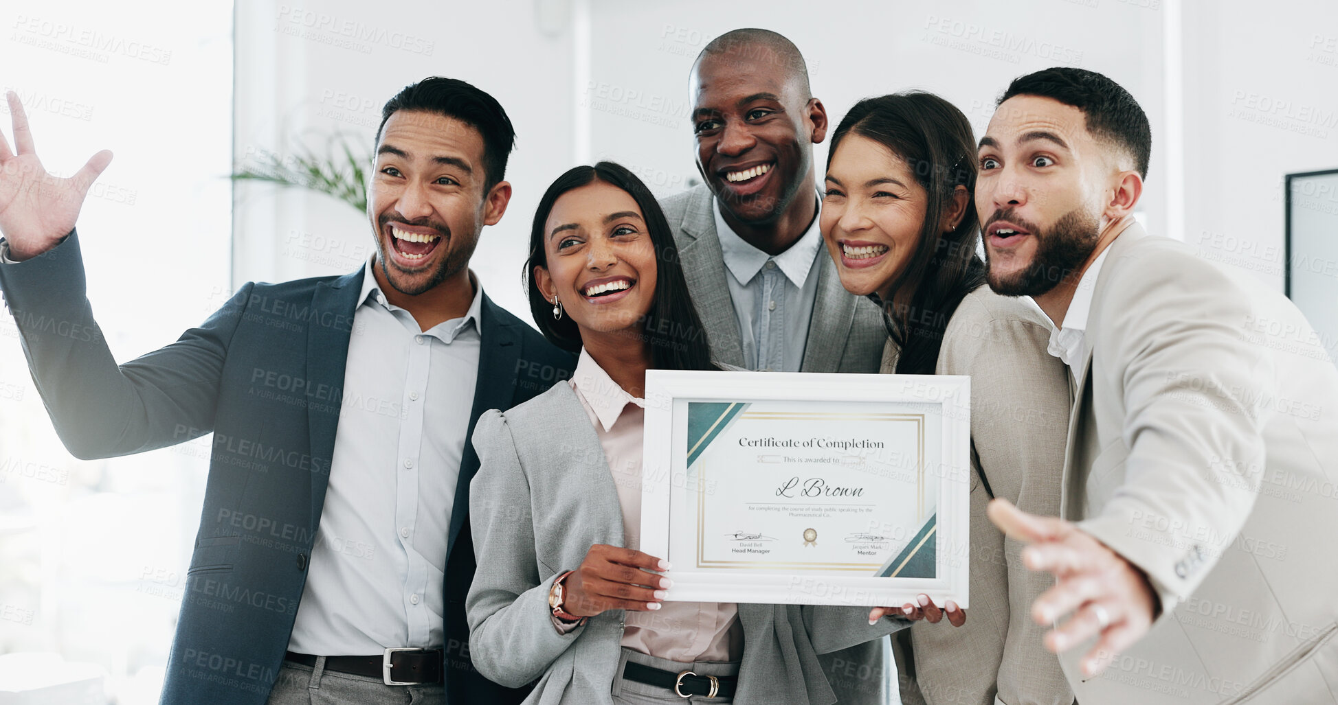 Buy stock photo Business people, woman and certificate in office, presentation or teamwork for performance, goal or success. African CEO, happy employee group and diploma for achievement, thanks or award at workshop