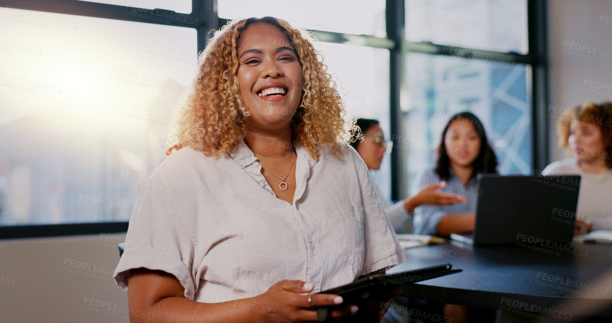 Buy stock photo Face, portrait or happy black woman on tablet for leadership, motivation and success teamwork in business meeting. Startup, group and employee with smile for mindset of innovation and company growth