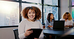 Face, leadership or happy black woman on tablet with smile, motivation and success teamwork in business meeting. Startup, group and employee portrait for mindset of innovation and company growth