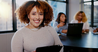 Buy stock photo Face, leadership or happy black woman on tablet with smile, motivation and success teamwork in business meeting. Startup, group and employee portrait for mindset of innovation and company growth